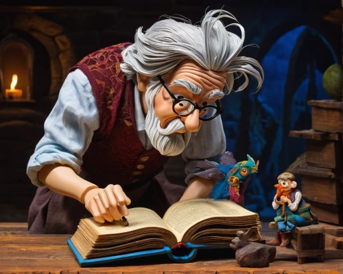 geppetto,magic book,storytelling,book gift,fairy tale character,gnome and roulette table,reading magnifying glass,scandia gnome,lecture,pinocchio,scholar,read a book,reading glasses,clay animation,bookworm,writing-book,children's fairy tale,3d figure,professor,book antique,Unique,Paper Cuts,Paper Cuts 01