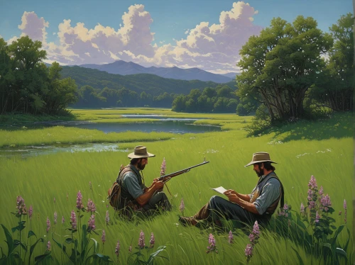 salt meadow landscape,idyll,meadow landscape,meadow play,hunting scene,idyllic,american frontier,grasslands,pilgrims,field archery,fly fishing,freshwater marsh,mountain meadow,fishing classes,summer meadow,mountain meadow hay,fishermen,salt meadows,banjo player,meadows,Illustration,Retro,Retro 14