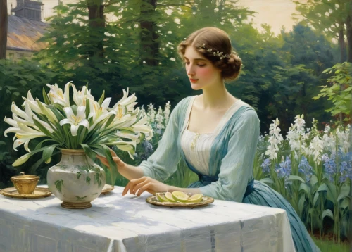 girl in the garden,holding flowers,woman with ice-cream,marguerite,girl picking flowers,lily of the field,lilly of the valley,woman eating apple,girl in flowers,woman holding pie,flower arranging,lily of the valley,splendor of flowers,ikebana,flora,girl with cereal bowl,crème de menthe,barbara millicent roberts,lilies of the valley,girl with bread-and-butter,Art,Classical Oil Painting,Classical Oil Painting 12