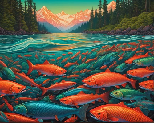 sockeye salmon,fishes,school of fish,wild salmon,fish supply,the river's fish and,fish in water,rainbow trout,red fish,garibaldi (fish),freshwater fish,salmon,arctic char,fresh fish,forest fish,trout,salt meadow landscape,fish farm,ornamental fish,fish market,Conceptual Art,Daily,Daily 25