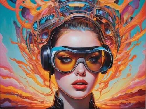 psychedelic art,cyber glasses,aviator,swimming goggles,goggles,wearables,aviator sunglass,sci fiction illustration,cybernetics,head woman,audiophile,transistor,eye protection,electronic music,surrealistic,streampunk,third eye,cyberpunk,oil painting on canvas,sunglass,Conceptual Art,Daily,Daily 15