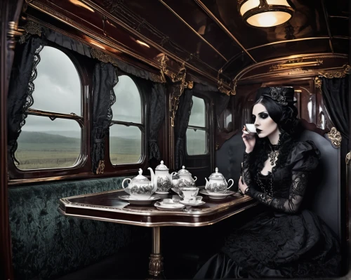 gothic woman,gothic portrait,gothic fashion,gothic style,train compartment,gothic dress,gothic,dark gothic mood,railway carriage,train of thought,victorian style,ghost locomotive,victorian lady,tea service,ghost train,train ride,train cemetery,the victorian era,goth woman,train car,Illustration,Realistic Fantasy,Realistic Fantasy 46