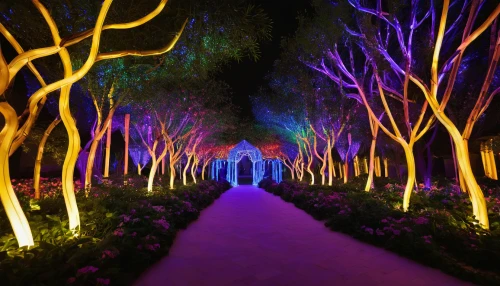 dubai garden glow,landscape lighting,vivid sydney,dubai miracle garden,enchanted forest,gardens by the bay,tree grove,colored lights,tree lined path,the park at night,tree lights,light art,landscape designers sydney,lights serenade,tree-lined avenue,garland lights,colorful tree of life,the holiday of lights,light graffiti,fairy forest,Illustration,Retro,Retro 19