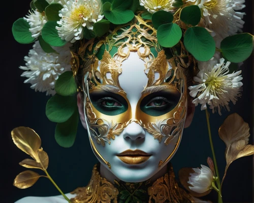 venetian mask,golden wreath,elven flower,golden mask,gold mask,masquerade,dryad,lily of the nile,gold flower,golden flowers,laurel wreath,lily of the desert,flora,headdress,fantasy portrait,gold leaf,gold filigree,gold foil mermaid,golden crown,kahila garland-lily,Photography,Artistic Photography,Artistic Photography 08