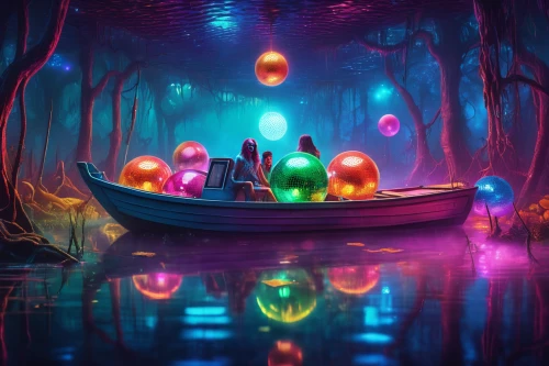 colored lights,fishing float,3d fantasy,pedalos,fairy forest,fantasy picture,fairy world,magical adventure,magical,colorful balloons,christmas balls background,world digital painting,candy cauldron,fairy village,fantasia,floats,colorful light,fantasy landscape,enchanted forest,lagoon,Illustration,Realistic Fantasy,Realistic Fantasy 38