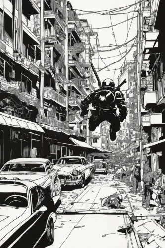 mono-line line art,mono line art,post apocalyptic,street canyon,suburb,black city,saigon,kowloon city,destroyed city,slums,wires,spider-man,junk,windshield,junkyard,wonder woman city,slum,sci fiction illustration,falling objects,dead pool,Illustration,American Style,American Style 06