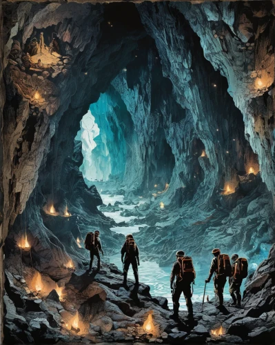 gerlitz glacier,glacier cave,lava cave,chasm,ice cave,the blue caves,guards of the canyon,lava tube,speleothem,caving,blue caves,cave tour,thermokarst,pit cave,dwarves,miners,blue cave,cave,crevasse,heroic fantasy,Unique,Paper Cuts,Paper Cuts 06