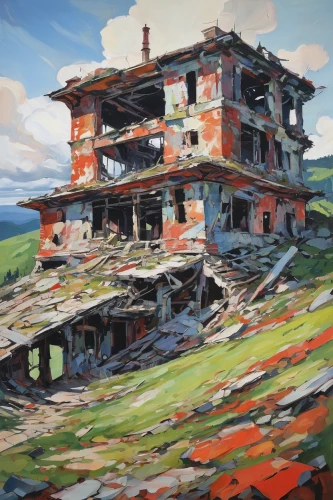 abandoned place,abandoned building,gunkanjima,rustico,dilapidated building,abandoned places,buzludzha,ruin,house in mountains,abandoned,ruins,hashima,homestead,lost places,lost place,dilapidated,oberlo,abandoned house,kathmandu,zao,Conceptual Art,Oil color,Oil Color 18