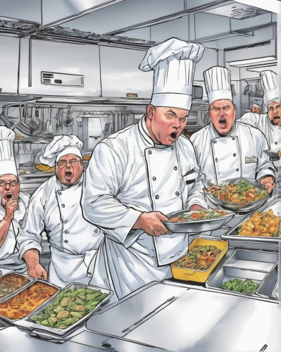 chefs kitchen,chef hats,cooks,chef's uniform,food preparation,cooking book cover,food line art,cooktop,food processing,chefs,korean royal court cuisine,catering,asian cuisine,filipino cuisine,food and cooking,chef,assembly line,culinary,salad bar,caterer,Illustration,American Style,American Style 03