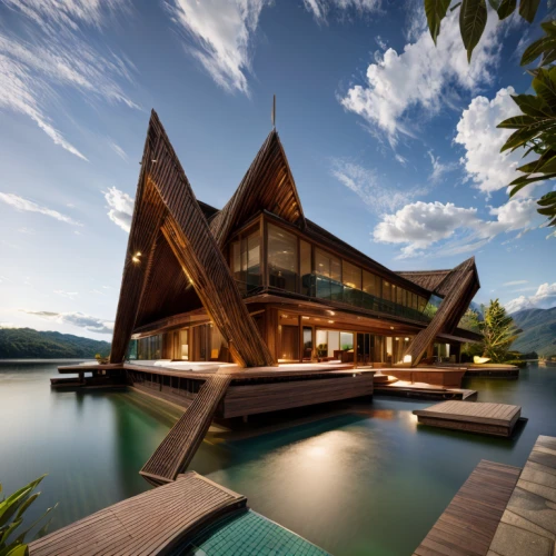 house by the water,floating huts,asian architecture,wooden house,house with lake,tropical house,southeast asia,holiday villa,over water bungalows,pool house,chalet,luxury property,timber house,beautiful home,boat house,cube stilt houses,stilt house,luxury home,thailand,wooden roof
