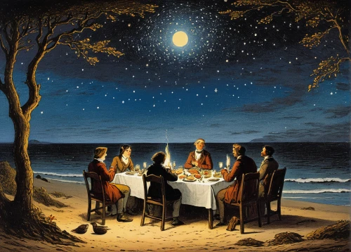 holy supper,last supper,romantic dinner,dinner party,beach restaurant,the three wise men,the night of kupala,three wise men,wise men,dining,pesach,family dinner,fine dining restaurant,round table,the star of bethlehem,nativity of jesus,the occasion of christmas,candlemas,christ feast,santa claus at beach,Art,Classical Oil Painting,Classical Oil Painting 39