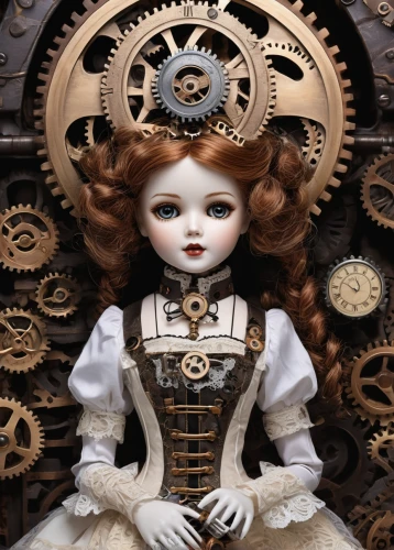 steampunk gears,clockmaker,steampunk,clockwork,vintage doll,designer dolls,painter doll,artist doll,wooden doll,watchmaker,female doll,cogs,porcelain dolls,handmade doll,dollhouse accessory,cuckoo clocks,the japanese doll,japanese doll,tumbling doll,cuckoo clock,Conceptual Art,Fantasy,Fantasy 25