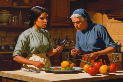 girl in the kitchen,woman eating apple,woman holding pie,food preparation,cookery,oil painting,italian painter,domestic life,kitchen work,girl with bread-and-butter,painting technique,oil painting on canvas,old couple,meticulous painting,food and cooking,grant wood,soup kitchen,sicilian cuisine,cooking oil,1940 women,Conceptual Art,Sci-Fi,Sci-Fi 15