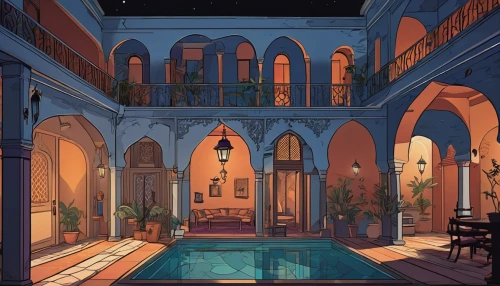 riad,an apartment,thermal bath,backgrounds,mansion,courtyard,swimming pool,pool house,apartment house,alhambra,aqua studio,coloring,venetian,private house,thermae,apartment,venetian hotel,gobelin,rooms,baths,Illustration,Japanese style,Japanese Style 07