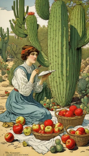 kate greenaway,vintage illustration,picking vegetables in early spring,prickly pears,cactus apples,sonoran,david bates,vintage botanical,nopal,prickly pear,cacti,dutchman's-pipe cactus,woman eating apple,tucson,mexican calendar,woman holding pie,peniocereus,eastern prickly pear,agave nectar,work in the garden,Illustration,Retro,Retro 11