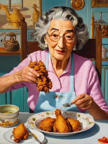 woman holding pie,fried chicken,woman eating apple,woman with ice-cream,crispy fried chicken,fried food,girl in the kitchen,zeppole,fried fritters,southern cooking,food icons,cheese fried chicken,grandma,elderly lady,fritters,cookery,rugelach,apple fritters,grandmother,girl with bread-and-butter,Art,Artistic Painting,Artistic Painting 20