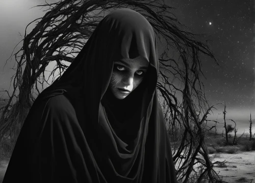 grim reaper,grimm reaper,dark art,the witch,gothic woman,dance of death,wither,gothic portrait,reaper,sorrow,dark gothic mood,hooded man,angel of death,withered,of mourning,dark portrait,ghost forest,blackmetal,goth woman,dead bride,Photography,Black and white photography,Black and White Photography 07