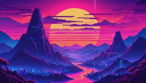 futuristic landscape,retro background,80's design,dusk background,dusk,purple wallpaper,purple landscape,vast,mountains,wallpaper,4k wallpaper,hd wallpaper,80s,wallpaper roll,mountain world,background screen,alien world,art background,scroll wallpaper,alien planet,Conceptual Art,Sci-Fi,Sci-Fi 27