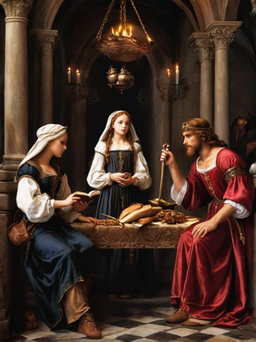 the annunciation,candlemas,girl with bread-and-butter,holy supper,woman holding pie,eucharist,christ feast,holy family,carmelite order,communion,viennese cuisine,woman drinking coffee,sicilian cuisine,the middle ages,church painting,middle ages,holy communion,the first sunday of advent,women at cafe,biblical narrative characters,Conceptual Art,Fantasy,Fantasy 27