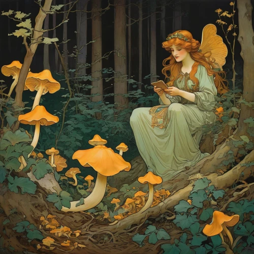 chanterelle,vintage fairies,trumpet chanterelle,chanterelles,funnel chanterelles,children's fairy tale,fairies,mucha,faerie,kate greenaway,fairy tales,fairy forest,faery,fairy tale,a fairy tale,fairytales,angel's trumpets,alfons mucha,fairies aloft,fae,Illustration,Retro,Retro 03