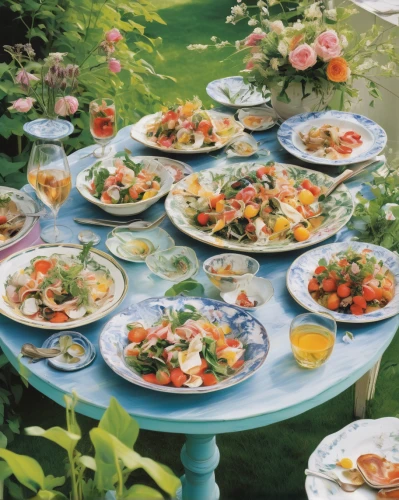 vintage dishes,tableware,salad plate,dishware,vintage china,food styling,garden salad,dinnerware set,serveware,salad platter,ceviche,catering service bern,insalata caprese,tablescape,alfresco,outdoor table,outdoor table and chairs,ceviche ecuatoriano,outdoor dining,food table,Conceptual Art,Oil color,Oil Color 18