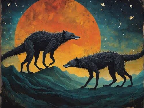 two wolves,wolves,wolf couple,constellation wolf,werewolves,howling wolf,werewolf,foxes,sun and moon,wolf,wolfdog,wolf hunting,howl,moons,wolf's milk,canis lupus,altiplano,wolf pack,the wolf pit,the moon and the stars,Illustration,Abstract Fantasy,Abstract Fantasy 15