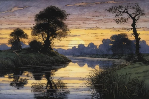 river landscape,dutch landscape,asher durand,carl svante hallbeck,robert duncanson,brook landscape,evening lake,in the evening,rural landscape,vincent van gough,night scene,marsh,landscape,boat landscape,constable,evening atmosphere,idyll,eventide,the evening light,lev lagorio,Illustration,Retro,Retro 25