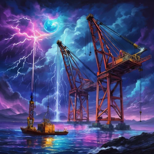 harbor cranes,container cranes,harbor crane,port cranes,mega crane,shipping crane,the large crane,container crane,water crane,oil platform,shipwreck,aurora australis,container terminal,world digital painting,loading cranes,sea storm,arnold maersk,cranes,oil rig,container port,Illustration,Realistic Fantasy,Realistic Fantasy 20