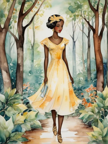 tiana,woman walking,yellow sun hat,girl with tree,african woman,girl in a long dress,ballerina in the woods,gardenia,watercolor background,african american woman,yellow garden,rwanda,girl in the garden,girl in flowers,khokhloma painting,nigeria woman,savanna,yellow rose background,dryad,maria bayo,Illustration,Realistic Fantasy,Realistic Fantasy 21