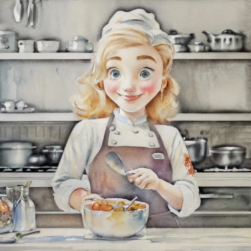 girl in the kitchen,girl with bread-and-butter,cooking book cover,girl with cereal bowl,woman holding pie,watercolor tea,doll kitchen,watercolor painting,watercolor tea shop,coffee watercolor,waitress,watercolor background,star kitchen,chef,cookery,watercolor cafe,crème anglaise,kitchen work,casserole,woman with ice-cream,Art sketch,Art sketch,Traditional