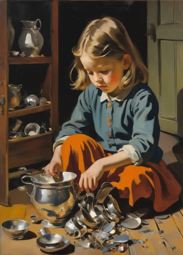 girl with cereal bowl,girl in the kitchen,silversmith,tinsmith,girl with bread-and-butter,child labour,child playing,metalsmith,girl with cloth,household silver,cloves schwindl inge,children drawing,child portrait,painting technique,meticulous painting,young girl,girl with a wheel,child with a book,painting eggs,oil painting,Art,Artistic Painting,Artistic Painting 41