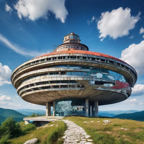 buzludzha,futuristic architecture,flying saucer,alien ship,the observation deck,costa concordia,space ship,observation deck,stalin skyscraper,spaceship,futuristic art museum,futuristic landscape,musical dome,airship,solar cell base,cruise ship,concrete ship,revolving,very large floating structure,hindenburg,Photography,Fashion Photography,Fashion Photography 04