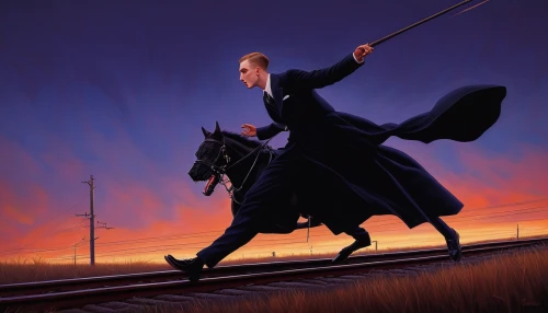 conductor,scythe,chimney sweeper,horseman,amtrak,high-speed rail,sci fiction illustration,man and horses,conductor tracks,queensland rail,railroad,high-wire artist,the train,commute,tightrope,mary poppins,gone with the wind,broomstick,reichsbahn,equestrian vaulting,Conceptual Art,Daily,Daily 22