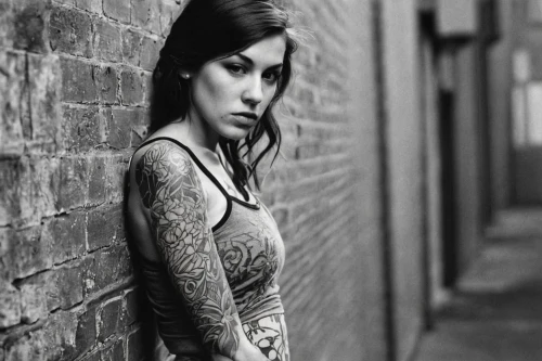 tattoo girl,brick wall background,alley cat,croft,tattooed,alleyway,lindsey stirling,girl smoke cigarette,red brick wall,with tattoo,portrait photography,sleeve,banks,black and white photo,grayscale,alley,passion photography,wallflower,clary,trespassing,Conceptual Art,Oil color,Oil Color 15