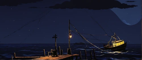 sea night,night scene,seafaring,lightship,docked,sailer,sloop,harbor,fishing trawler,friendship sloop,night watch,sailboat,moonlit night,ship,sailing,evening atmosphere,docks,ships,sail,sailing ship,Illustration,Japanese style,Japanese Style 13