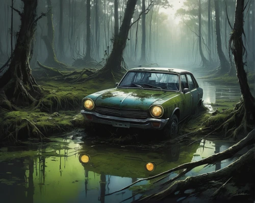 ford anglia,honda s800,volvo amazon,lotus cortina,volvo 164,abandoned car,simca,w112,notchback,porsche 912,volvo 66,trabant,mg midget,swampy landscape,honda s600,datsun 510,ford taunus,gaz-21,fiat 850,old abandoned car,Conceptual Art,Fantasy,Fantasy 12