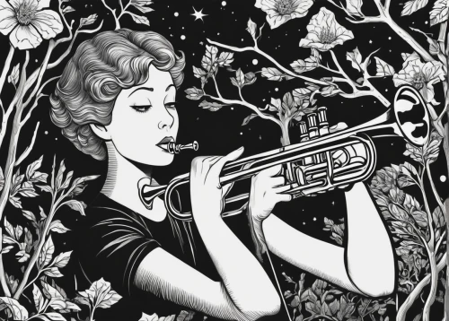 drawing trumpet,flugelhorn,david bates,trumpet climber,the flute,trumpet player,flautist,trumpeter,trumpet,flute,wind instrument,clarinetist,brass instrument,trumpet creepers,saxhorn,trumpet-trumpet,vintage illustration,trumpet plant,musician,carol m highsmith,Illustration,Black and White,Black and White 18