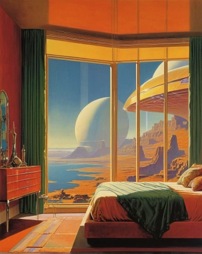 futuristic landscape,sleeping room,dune,bedroom,viewing dune,ufo interior,bedroom window,sky apartment,dune landscape,modern room,livingroom,dream world,dreamland,children's bedroom,guest room,space art,hotel room,utopian,one room,surrealistic,Conceptual Art,Sci-Fi,Sci-Fi 19