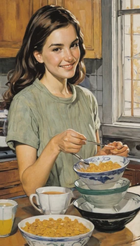 girl with cereal bowl,girl in the kitchen,woman holding pie,cooking book cover,southern cooking,creamed corn,domestic life,casserole dish,cereal,corn flakes,cornflakes,domestic,homemaker,girl with bread-and-butter,food preparation,rotini,cooking oil,hands holding plate,food and cooking,breakfast cereal,Conceptual Art,Oil color,Oil Color 15