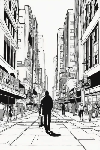 walking man,shinjuku,a pedestrian,pedestrian,mono-line line art,ginza,mono line art,shibuya,tokyo city,street scene,shibuya crossing,the street,big city,vanishing point,pedestrian zone,apgujeong,black city,tokyo,city scape,business district,Illustration,Vector,Vector 11