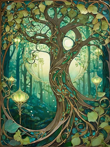 celtic tree,magic tree,the branches of the tree,mushroom landscape,flourishing tree,tree of life,enchanted forest,art nouveau,tree mushroom,forest tree,art nouveau frame,pacifier tree,fairy forest,mantra om,the branches,dryad,elven forest,forest of dreams,the roots of trees,art nouveau design,Illustration,Retro,Retro 13