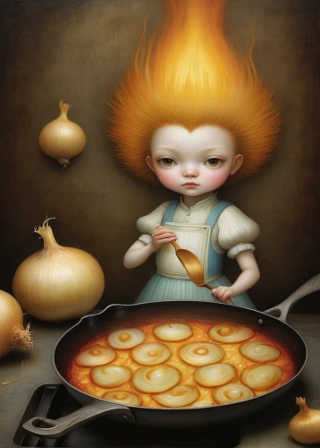 dwarf cookin,kewpie doll,saganaki,red cooking,cookery,fried eggs,madeleine,fire pearl,kewpie dolls,cooking book cover,girl with bread-and-butter,pearl onion,queso flameado,candlemaker,onion roast,fire eater,baked apple,fire artist,fire-eater,girl in the kitchen,Illustration,Abstract Fantasy,Abstract Fantasy 06