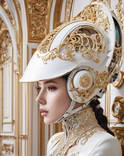 casque,equestrian helmet,bicycle helmet,baroque,the carnival of venice,rococo,neoclassic,luxury accessories,beautiful bonnet,venetian mask,steampunk,haute couture,wearables,art nouveau,neoclassical,astronaut helmet,gold lacquer,opera glasses,the hat of the woman,headpiece,Conceptual Art,Fantasy,Fantasy 22