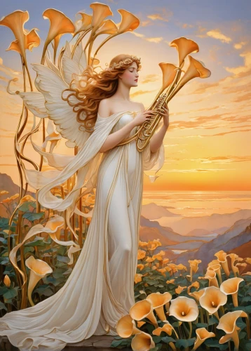 harp with flowers,angel playing the harp,angel trumpets,angel's trumpets,harp player,flautist,trumpet of the swan,celtic harp,gold trumpet,angel trumpet,the flute,angel's trumpet,torch-bearer,harpist,woman playing violin,flute,wind instrument,trumpeter,trumpet chanterelle,the trumpet daffodil,Illustration,Retro,Retro 08