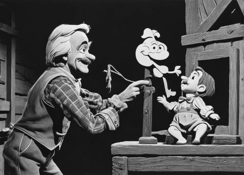 geppetto,pinocchio,puppet theatre,jiminy cricket,popeye village,toy's story,ventriloquist,puppeteer,clay animation,mickey mause,walt disney,1952,puppets,marionette,walt,mousetrap,children's playhouse,wooden toys,playschool,string puppet,Illustration,Black and White,Black and White 10