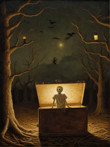 halloween travel trailer,surrealism,coffins,the girl in the bathtub,coffin,puppet theatre,the cradle,halloween scene,treasure chest,music chest,night scene,dark art,dark cabinetry,surrealistic,resting place,child with a book,music box,still transience of life,nocturnes,transience,Illustration,Realistic Fantasy,Realistic Fantasy 09