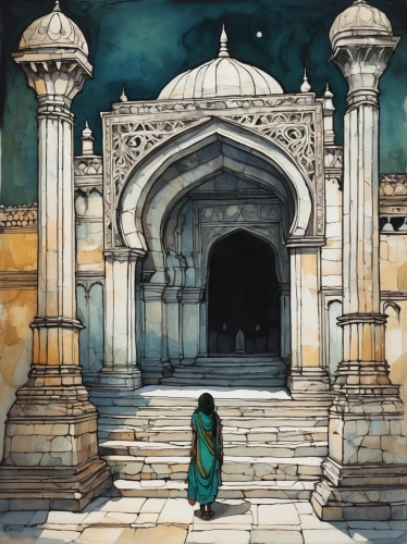 place of pilgrimage,indian art,rem in arabian nights,mosques,shahi mosque,agra,archway,gateway,pilgrimage,rajasthan,watercolor background,temples,watercolor painting,ramadan background,masjid,the threshold of the house,radha,hall of the fallen,pall-bearer,taj-mahal,Illustration,Realistic Fantasy,Realistic Fantasy 23