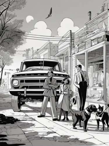 street scene,dog street,dog illustration,ford truck,street dogs,convenience store,book illustration,neighborhood,sci fiction illustration,street dog,game illustration,pickup-truck,suburb,stray dogs,gas-station,gas station,auto repair shop,mono-line line art,pick-up,neighbourhood,Illustration,American Style,American Style 09