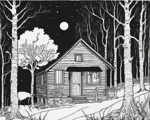 witch house,witch's house,house in the forest,winter house,cottage,the haunted house,halloween illustration,lonely house,woodcut,cool woodblock images,book illustration,snow house,haunted house,christmas landscape,creepy house,hand-drawn illustration,houses clipart,night scene,birch tree illustration,the first frost,Illustration,Black and White,Black and White 24