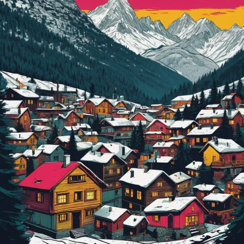 mountain huts,alpine village,zermatt,winter village,telluride,mountain village,vail,ushuaia,travel poster,whistler,banff,escher village,yukon territory,ski resort,sunshinevillage,alaska,christmas landscape,aurora village,christmas wallpaper,saas fee,Illustration,American Style,American Style 10